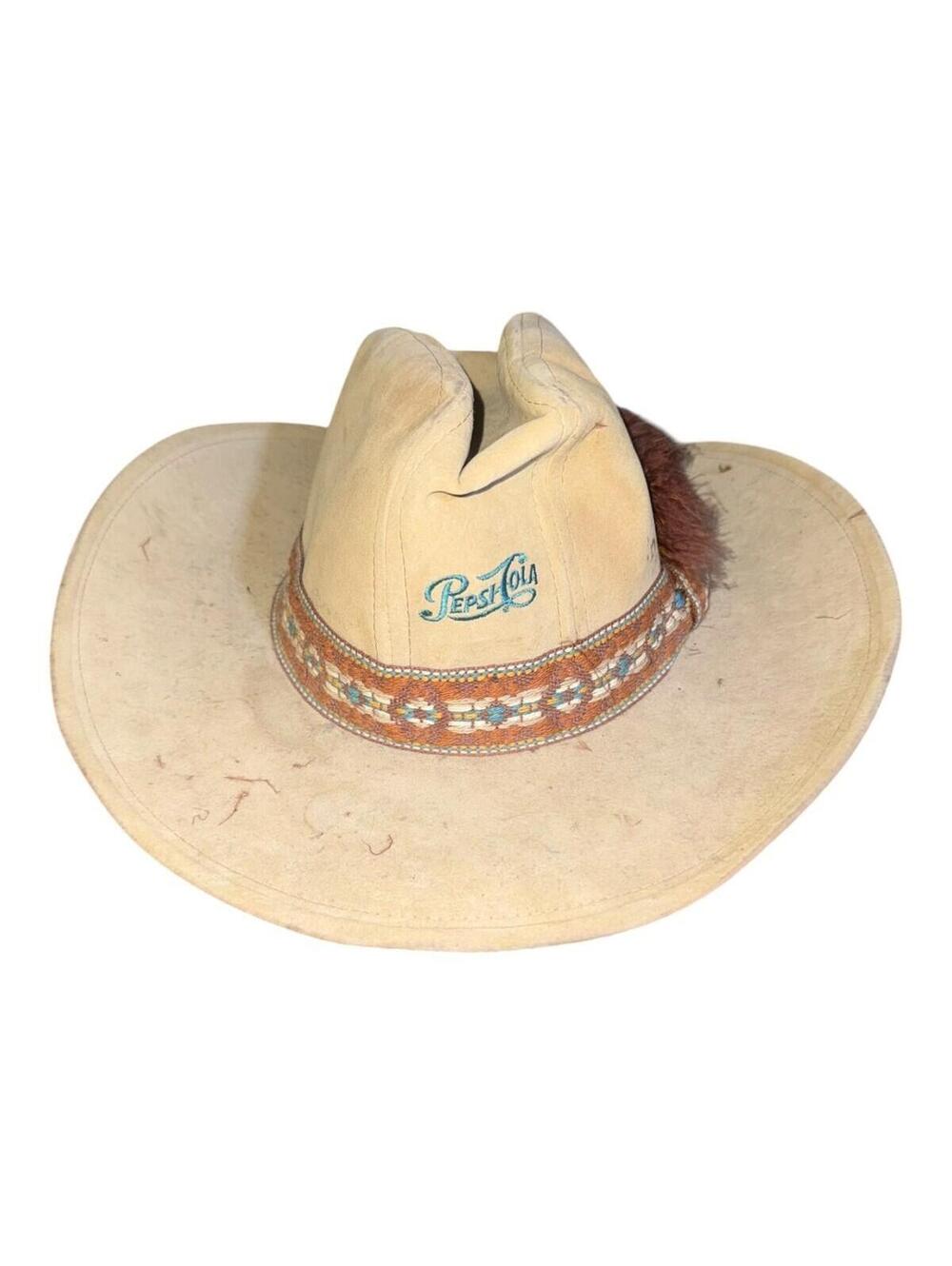 Vintage Pepsi Cola Cowboy Hat Medium Beige Western Boho Feather